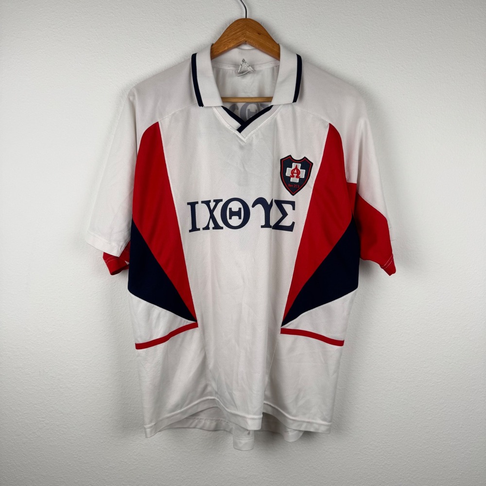 Jor Soccer Jersey Mens XL White Red IXΘYΣ Ichthys Rev 21:6 Good Streetwear Retro